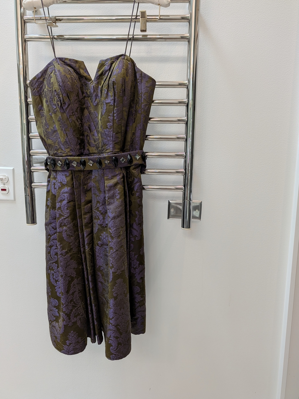 Strapless Purple and Olive Brocade Dress with Embellished Waist